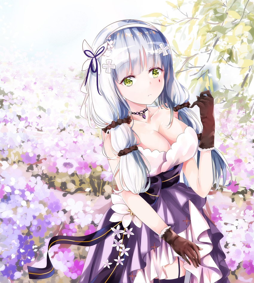 bangs black_scrunchie blush breasts brown_gloves butterfly_hair_ornament cleavage closed_mouth dress eyebrows_visible_through_hair facial_mark flower garter_straps girls_frontline gloves green_eyes hair_flower hair_ornament hair_ribbon hair_scrunchie hairband hand_up highres hk416_(girls_frontline) large_breasts long_hair looking_at_viewer mutang purple_dress purple_flower purple_legwear purple_ribbon ribbon scrunchie silver_hair solo thighhighs white_flower white_hairband