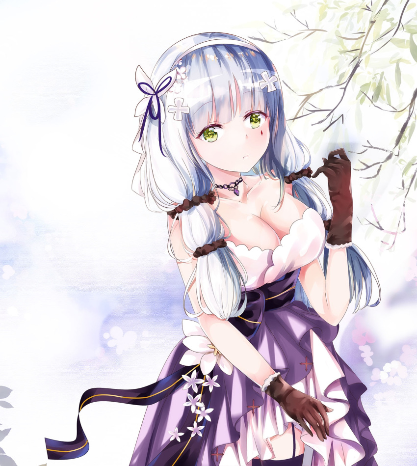 bangs black_scrunchie blush breasts brown_gloves butterfly_hair_ornament cleavage closed_mouth commentary dress eyebrows_visible_through_hair facial_mark flower garter_straps girls_frontline gloves green_eyes hair_flower hair_ornament hair_ribbon hair_scrunchie hairband hand_up highres hk416_(girls_frontline) large_breasts long_hair looking_at_viewer mutang purple_dress purple_legwear purple_ribbon ribbon scrunchie silver_hair solo thighhighs white_flower white_hairband