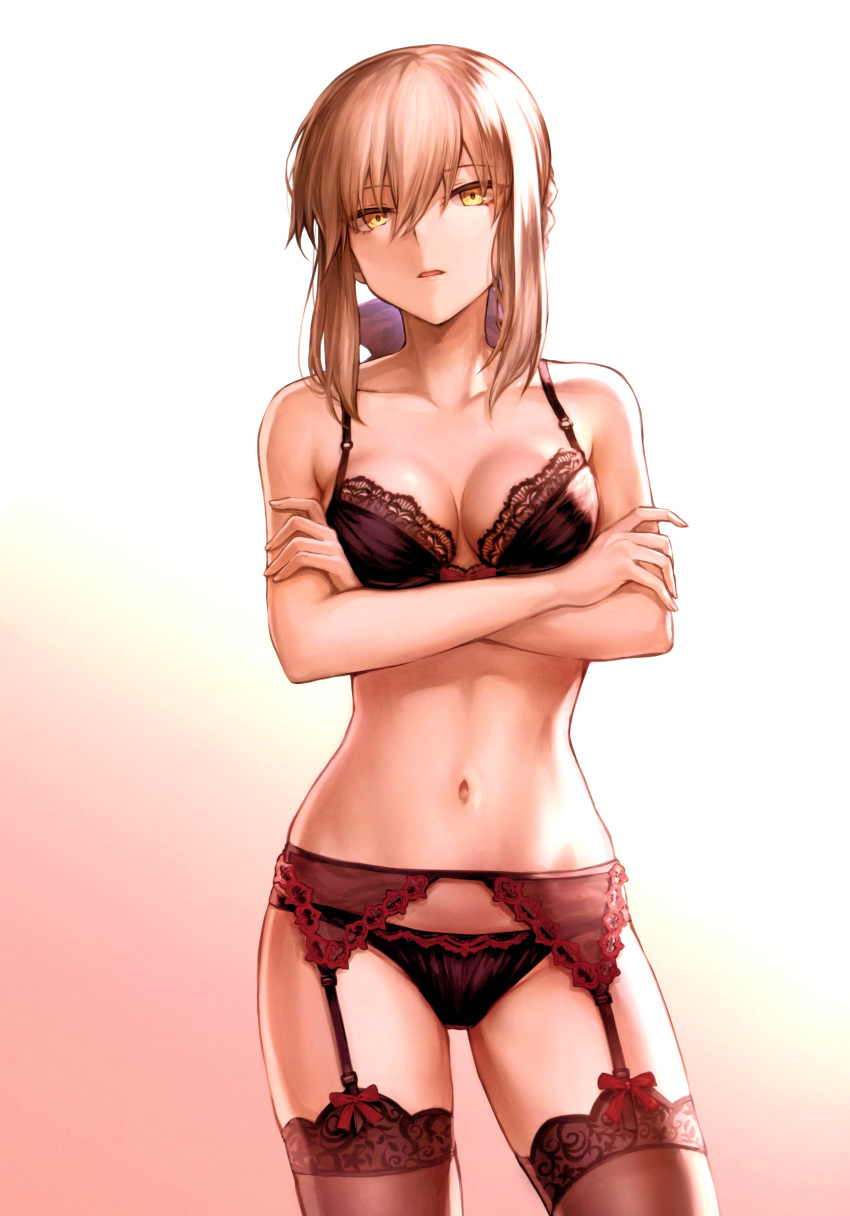 absurdres artoria_pendragon_(all) bangs bare_shoulders black_panties blonde_hair blue_bow bow bra braid breasts cleavage collarbone crossed_arms eyebrows_visible_through_hair fate/grand_order fate_(series) fingernails french_braid garter_belt garter_straps hair_bun hair_intakes highres lace lace_bra lingerie looking_at_viewer mashu_003 medium_breasts navel panties red_bow saber_alter scan shiny shiny_skin sidelocks solo stomach thighhighs underwear yellow_eyes