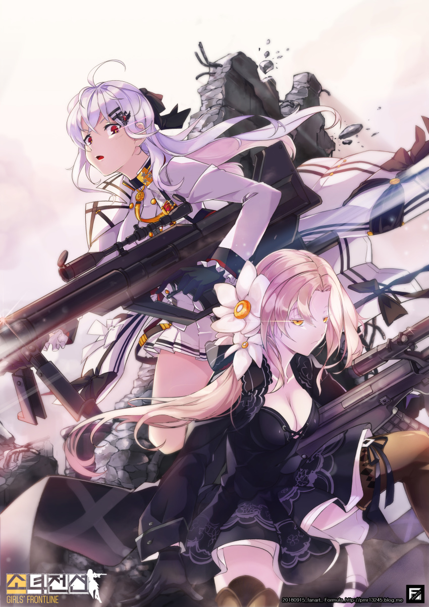 anti-materiel_rifle assault_rifle bangs black_dress black_gloves blush boots bow breasts brown_footwear bullpup cleavage closed_mouth collarbone commentary_request dress expressionless eyebrows_visible_through_hair floating_hair flower girls_frontline gloves gun hair_between_eyes hair_flower hair_ornament hair_ribbon hairclip highres holding holding_gun holding_weapon iws-2000_(girls_frontline) jacket logo long_hair long_sleeves looking_at_viewer military military_uniform mole mole_under_eye one_knee orange_eyes pleated_skirt pomu_(formula) red_eyes ribbon rifle shirt sidelocks silver_hair skirt sniper_rifle steyr_aug steyr_aug_(girls_frontline) steyr_iws_2000 thigh_boots thighhighs thighs trigger_discipline tsurime uniform watermark weapon web_address wind wind_lift