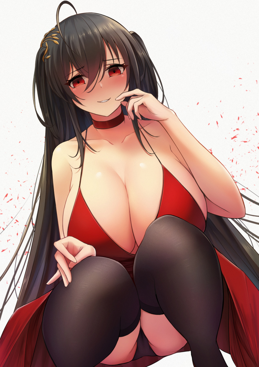ahoge alternate_costume armpit_crease ass azur_lane bangs bare_shoulders black_hair black_legwear black_panties blush breasts choker cleavage cocktail_dress collarbone dress eyebrows_visible_through_hair finger_to_face fou_zi from_below hair_between_eyes hair_ornament hand_on_own_knee hand_up highres huge_breasts long_hair looking_at_viewer md5_mismatch no_nose open_mouth panties parted_lips red_choker red_dress red_eyes sidelocks smile smirk solo squatting taihou_(azur_lane) thighhighs thighs twintails underwear very_long_hair