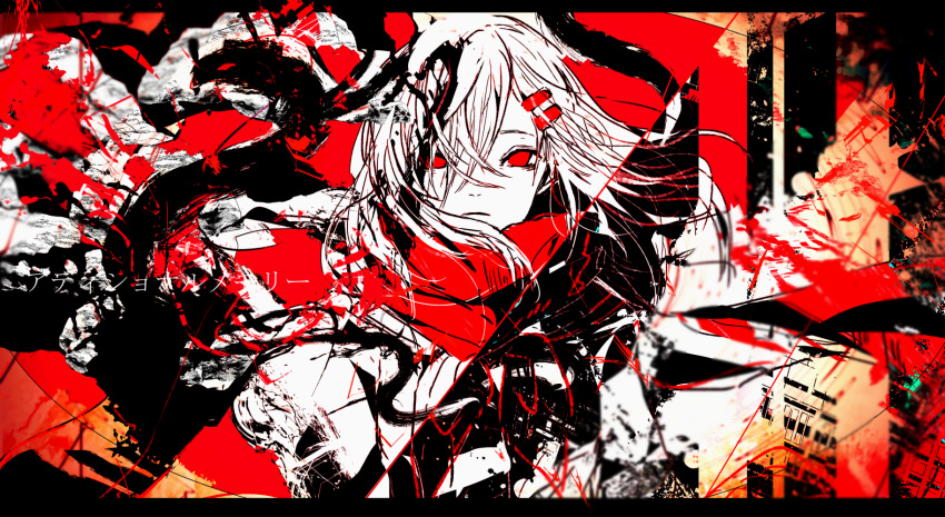 3kuma additional_memory_(vocaloid) commentary_request hair_ornament hairclip highres kagerou_project letterboxed looking_at_viewer red_eyes red_scarf scarf school_uniform short_hair solo splatter tateyama_ayano upper_body