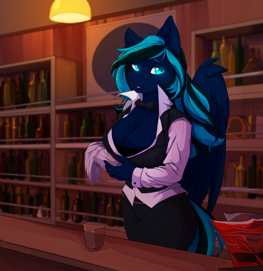 absurd_res anthro bar barmaid beverage big_breasts bow_tie breasts cleavage clothed clothing equine fan_character feathered_wings feathers female hair hakkids2 hi_res long_hair looking_at_viewer mammal midnight_mist multicolored_hair my_little_pony pegasus solo standing two_tone_hair wings