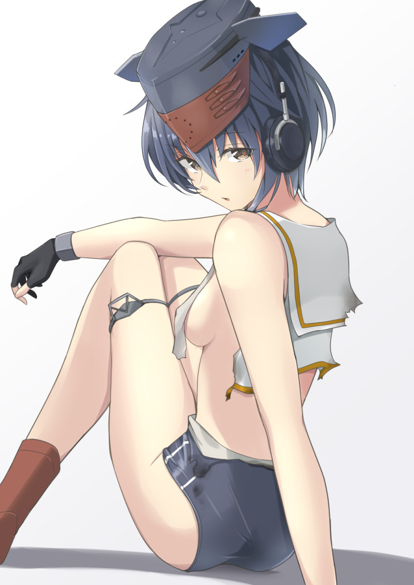 arm_support ass asymmetrical_hair bare_shoulders black_hair blush boots breasts brown_eyes brown_footwear commentary_request damaged eyebrows_visible_through_hair from_behind gloves gradient gradient_background hair_between_eyes hat head_tilt headphones high_heel_boots high_heels highres i-13_(kantai_collection) kantai_collection knees_up looking_at_viewer looking_back negahami one-piece_swimsuit open_mouth partly_fingerless_gloves sailor_collar school_swimsuit short_hair simple_background single_glove sitting solo swimsuit torn_clothes torn_swimsuit tsurime