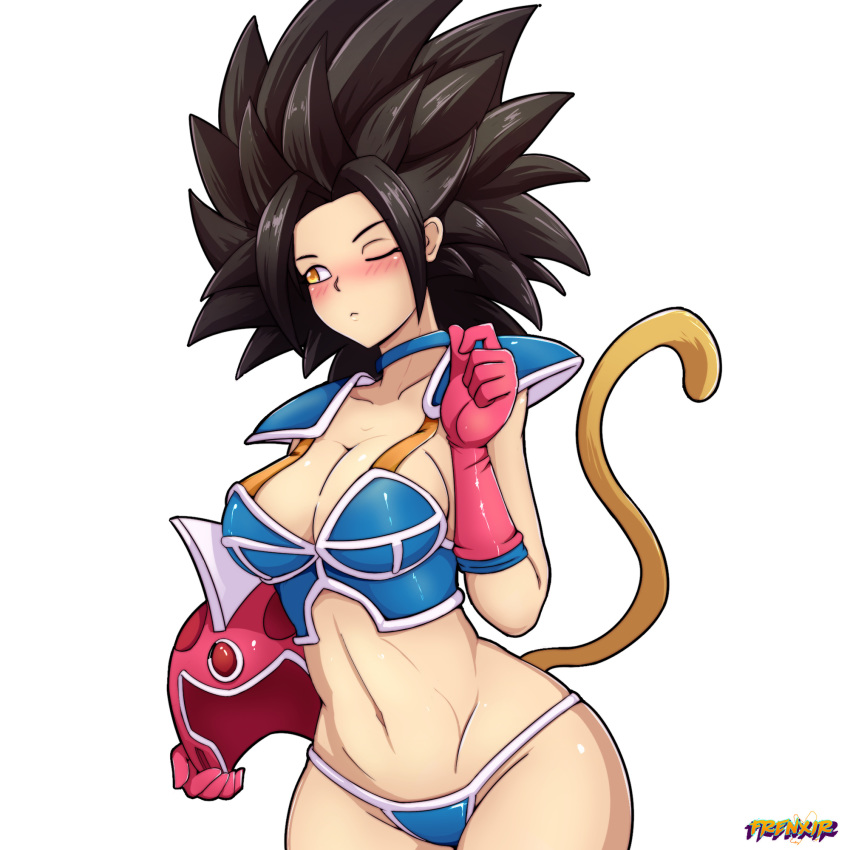 1girl armor big_hair bikini_armor black_hair blush breasts caulifla cleavage collarbone dragon_ball dragon_ball_super frenxir gloves headwear_removed helmet helmet_removed looking_to_the_side medium_breasts navel pink_gloves shoulder_pads simple_background solo spiked_hair tail white_background yellow_eyes