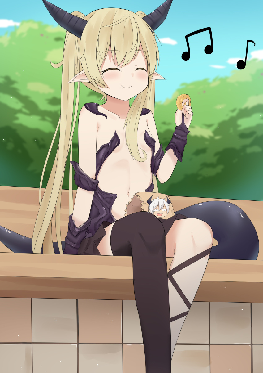 absurdres asymmetrical_legwear bench biscuit blue_sky blush breasts closed_eyes cloud commentary_request day diablo_(isekai_maou_to_shoukan_shoujo_dorei_majutsu) dragon_girl dragon_horns dragon_tail eating eyebrows_visible_through_hair food grey_hair happy highres horns isekai_maou_to_shoukan_shoujo_dorei_majutsu krebskrum long_hair musical_note navel outdoors pointy_ears revealing_clothes sakutaishi single_thighhigh skirt sky small_breasts smile solo tail thighhighs tree twintails very_long_hair