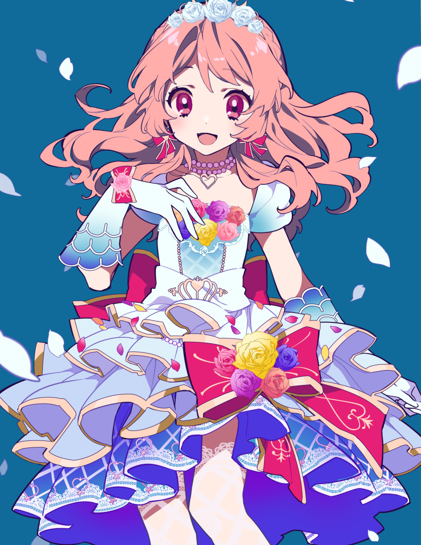 :d absurdres aikatsu! aikatsu!_(series) arm_at_side blue_background blue_dress blue_flower blue_rose bow bow_earrings braid collarbone commentary crown dress earrings flower frills gloves head_wreath heart heart_necklace highres jewelry lace lace_legwear long_hair looking_at_viewer mochizuki_kei necklace oozora_akari open_mouth petals pink_bow pink_flower pink_hair pink_rose purple_flower purple_rose red_eyes rose rose_petals simple_background smile solo yellow_flower yellow_rose