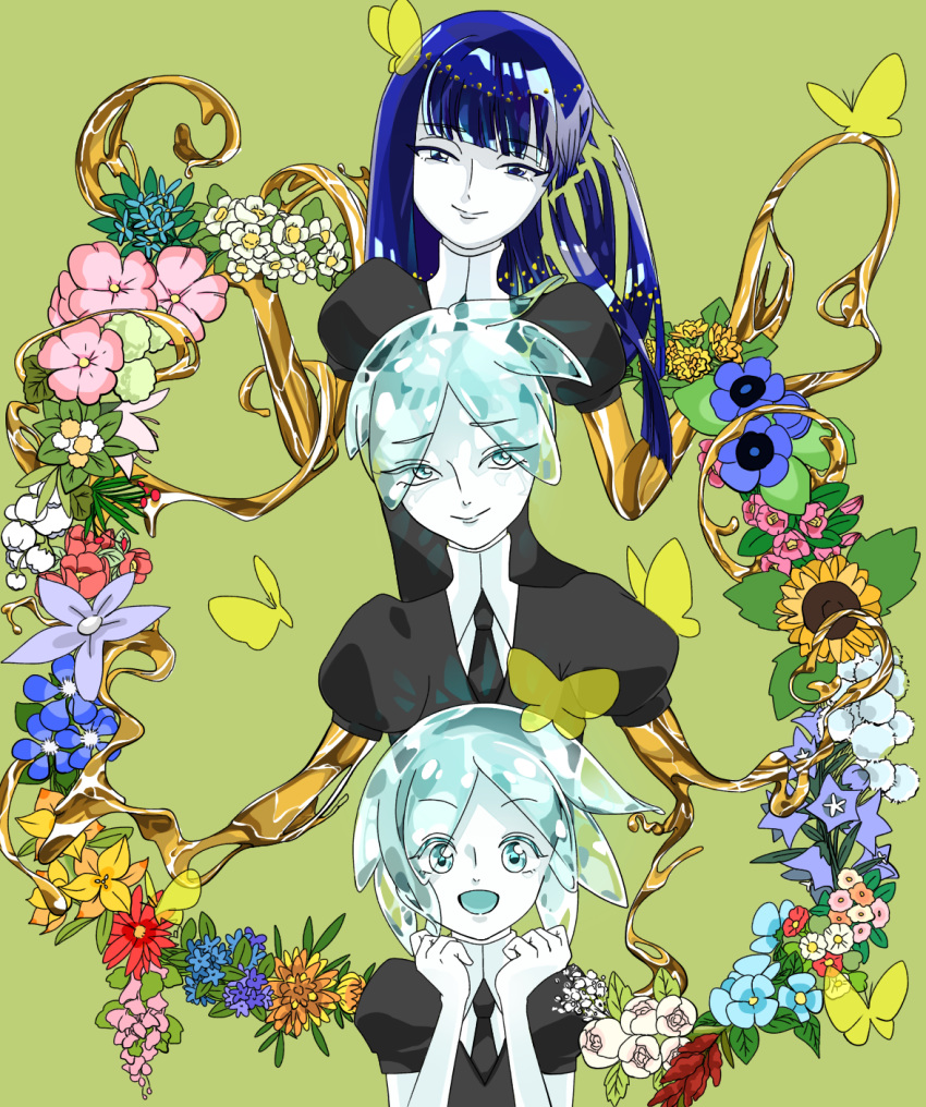 aaaa_(pinkume39goya) androgynous aqua_eyes aqua_hair blue_eyes blue_hair bug butterfly colored_eyelashes crystal_hair eyebrows_visible_through_hair eyes_visible_through_hair flower gem_uniform_(houseki_no_kuni) gold golden_arms green_background highres hime_cut houseki_no_kuni insect long_hair looking_at_viewer multiple_others multiple_persona necktie open_mouth phosphophyllite phosphophyllite_(ll) short_hair smile spoilers upper_body white_skin