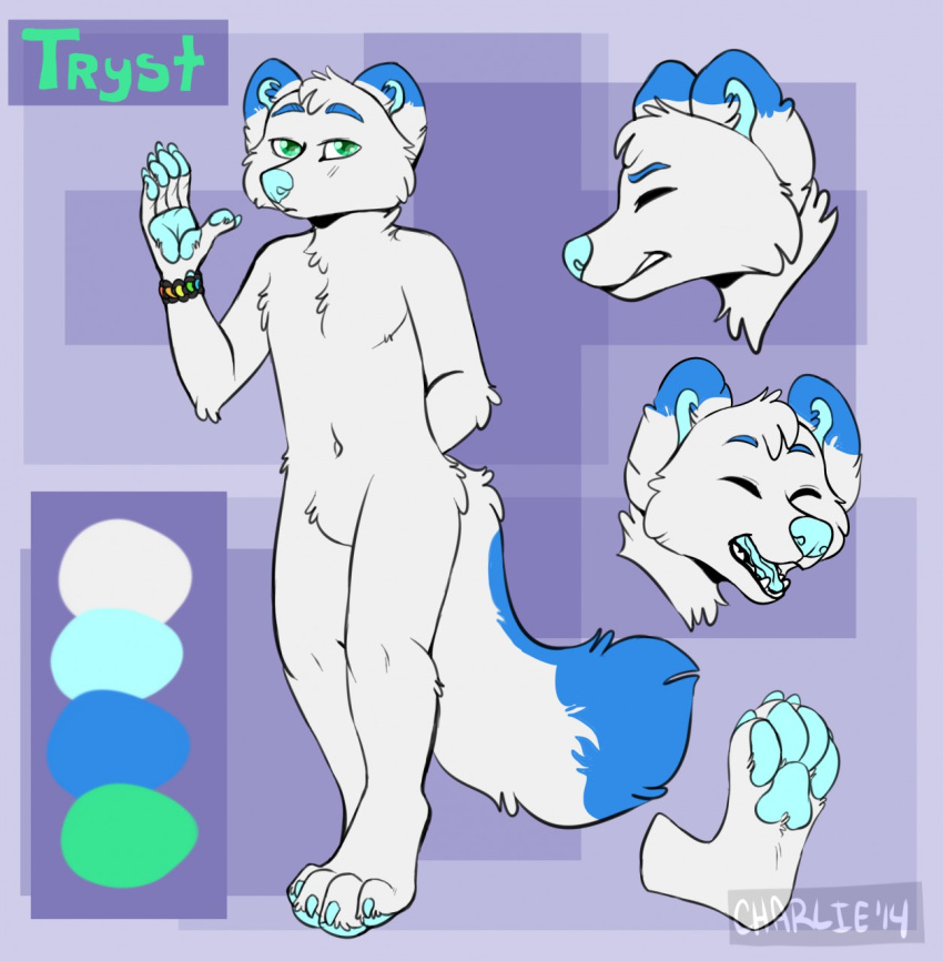 2014 arctic_fox blue_ears blue_tail canine cyan_nose cyan_pawpads fox fur green_eyes green_pupils hand_behind_back male mammal model_sheet nude pawpads raised_arm signature subdivisions tryst_(havensfire) two_tone_tail white_fur white_tail