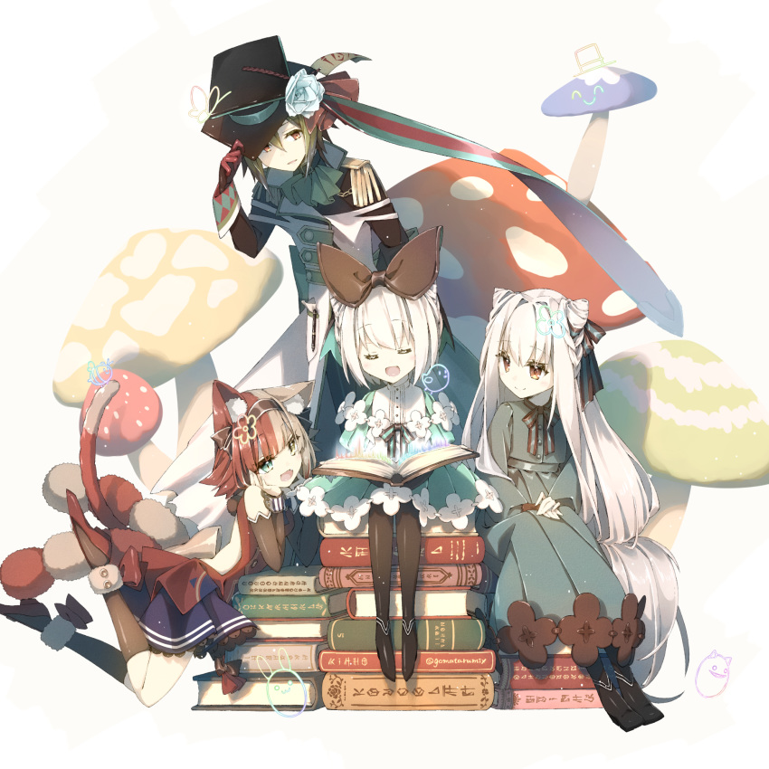 3girls :d animal_ears black_hat black_legwear blue_eyes blue_skirt book book_stack brown_eyes brown_hair cat_ears cat_tail character_request chin_rest closed_eyes closed_mouth dress epaulettes eyebrows_visible_through_hair fang gomatarumix green_hair hair_ribbon hand_on_headwear hat head_tilt heterochromia highres kneehighs last_period long_hair looking_at_another multicolored_hair multiple_girls mushroom open_book open_mouth parted_lips red_footwear red_hair ribbon short_hair sitting skirt smile striped striped_ribbon tail two-tone_hair very_long_hair white_hair