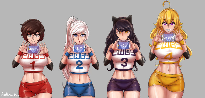 4girls absurdres aestheticc-meme ahoge animal_ears bare_shoulders blake_belladonna blonde_hair blue_eyes bow breasts cat_ears cleavage detached_sleeve gradient_hair grin hair_bow highres large_breasts long_hair looking_at_viewer midriff multicolored_hair multiple_girls open_mouth ponytail purple_eyes red_hair ribbon ruby_rose rwby scar scar_across_eye shirt short_hair short_sleeves shorts side_ponytail silver_eyes sleeveless sleeveless_shirt smile two-tone_hair vambraces wavy_hair weiss_schnee white_hair yang_xiao_long yellow_eyes yellow_shirt