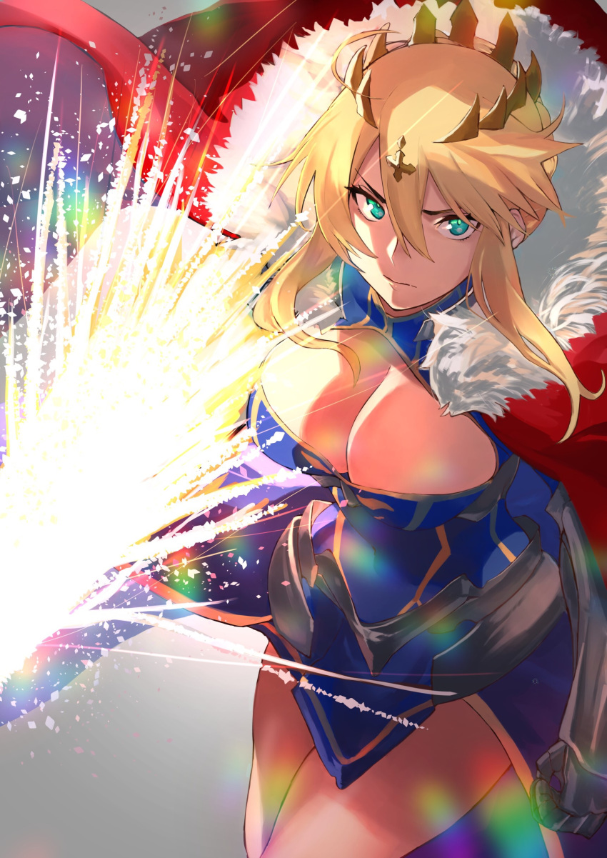 absurdres armor artoria_pendragon_(all) artoria_pendragon_(lancer) bangs blue_dress blue_gloves braid breasts cape cleavage closed_mouth commentary_request crown dress fate/grand_order fate_(series) french_braid fujitsubo_(hujitubo0731) fur-trimmed_cape fur_trim gauntlets gloves glowing glowing_weapon green_eyes hair_between_eyes highres lance large_breasts legs polearm red_cape rhongomyniad sidelocks weapon