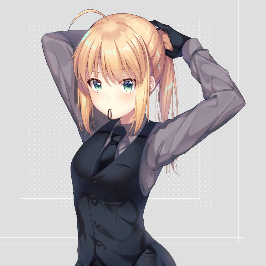 absurdres ahoge aqua_eyes arms_up artoria_pendragon_(all) bangs black_gloves black_neckwear black_vest blonde_hair blush closed_mouth collared_shirt commentary_request eyebrows_visible_through_hair fate/zero fate_(series) gloves grey_background grey_shirt hair_tie highres ichiren_namiro long_hair long_sleeves mouth_hold necktie polka_dot polka_dot_background ponytail saber shiny shiny_hair shirt sidelocks solo tying_hair upper_body vest wing_collar