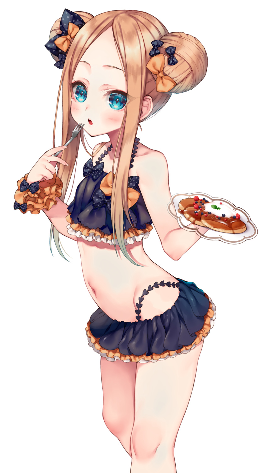 abigail_williams_(fate/grand_order) absurdres bangs bare_arms bare_shoulders bikini black_bikini black_bow blonde_hair blueberry blush bow collarbone commentary_request double_bun emerald_float eyebrows_visible_through_hair fate/grand_order fate_(series) food forehead fork fruit groin hair_bow highres himegi_you holding holding_fork holding_plate leaning_forward long_hair navel orange_bow orange_scrunchie pancake parted_bangs parted_lips plate polka_dot polka_dot_bow raspberry scrunchie side_bun simple_background solo swimsuit transparent white_background wrist_scrunchie