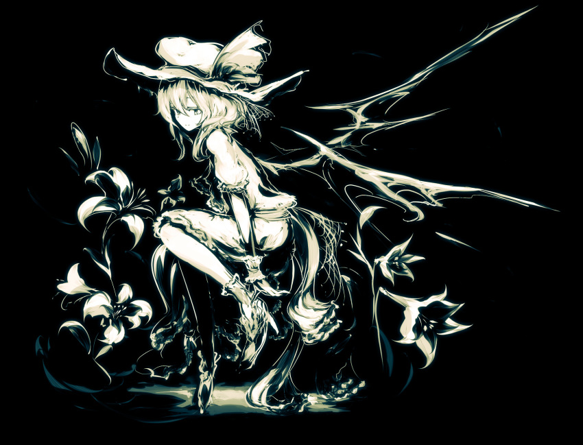 1girl bangs bat_wings black_background commentary_request dress flower full_body hair_between_eyes hat hat_ribbon high_heels highres invisible_chair looking_at_viewer mob_cap monochrome puffy_short_sleeves puffy_sleeves remilia_scarlet ribbon short_hair short_sleeves simple_background sitting smile solo touhou wings yoshioka_yoshiko