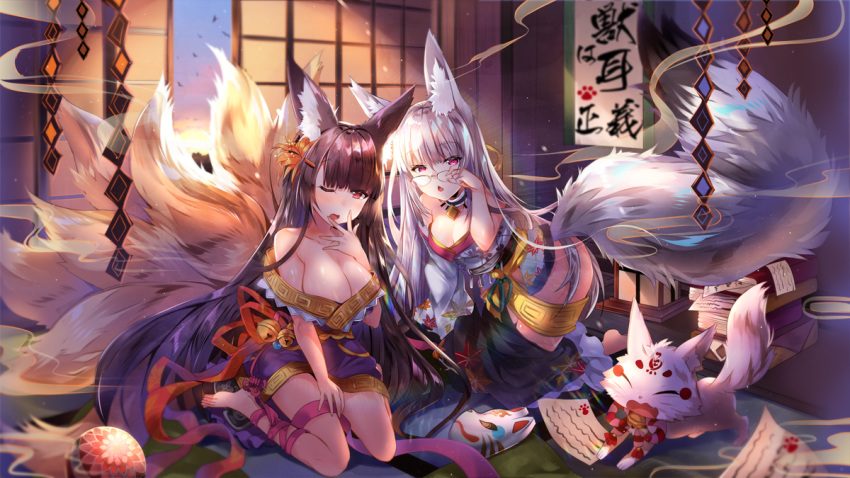 animal animal_ear_fluff animal_ears bare_shoulders barefoot bell black_hair breasts choker cleavage copyright_request eyebrows_visible_through_hair fox fox_ears fox_mask fox_tail glasses indoors japanese_clothes jingle_bell large_breasts long_hair looking_at_viewer mask multiple_girls multiple_tails off_shoulder one_eye_closed open_mouth red_eyes ribbon silver_hair tail usagihime yawning