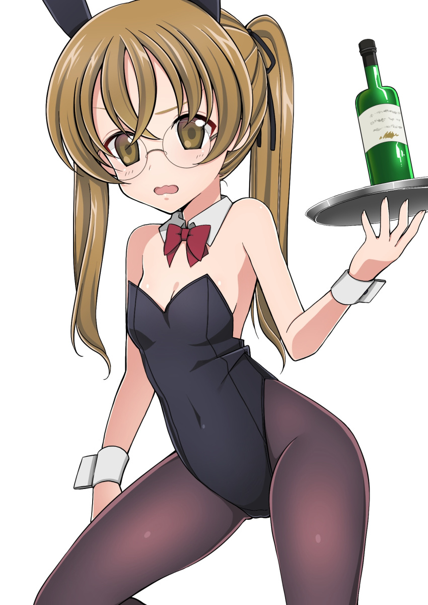 animal_ears black_leotard black_ribbon bottle bow bowtie breasts brown_eyes brown_hair bunny_ears bunnysuit commentary covered_navel cowboy_shot detached_collar fake_animal_ears frown girls_und_panzer glasses hair_ribbon highleg highleg_leotard highres holding holding_tray leotard long_hair looking_at_viewer oono_aya open_mouth ribbon round_eyewear ruruepa simple_background small_breasts solo standing strapless strapless_leotard thighs tray twintails wavy_mouth white_background wine_bottle wrist_cuffs