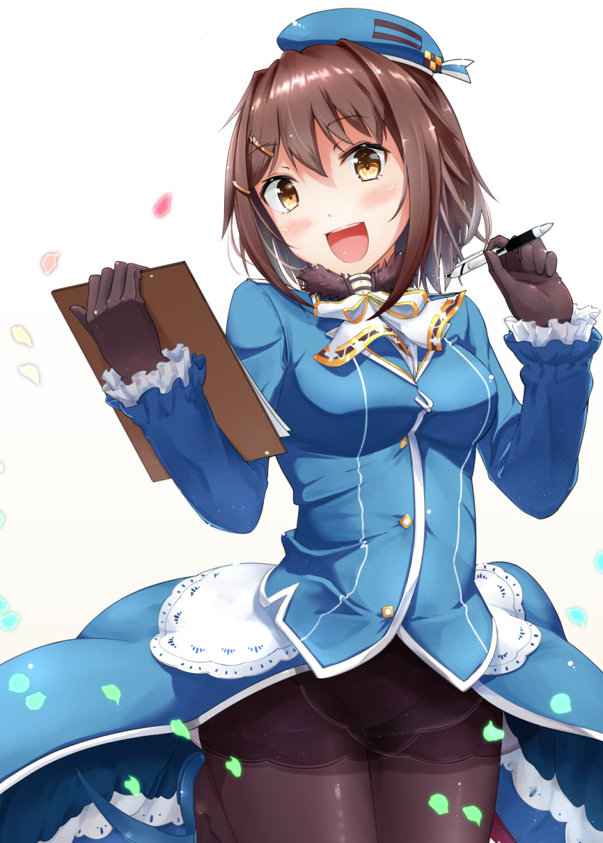 atago_(kantai_collection) atago_(kantai_collection)_(cosplay) black_gloves black_legwear blush breasts brown_hair clipboard commentary_request cosplay furutaka_(kantai_collection) gloves hat highres holding jacket kantai_collection long_hair long_sleeves looking_at_viewer medium_breasts military military_uniform namae_hamada open_mouth pantyhose pen petals simple_background skirt smile solo uniform white_background yellow_eyes