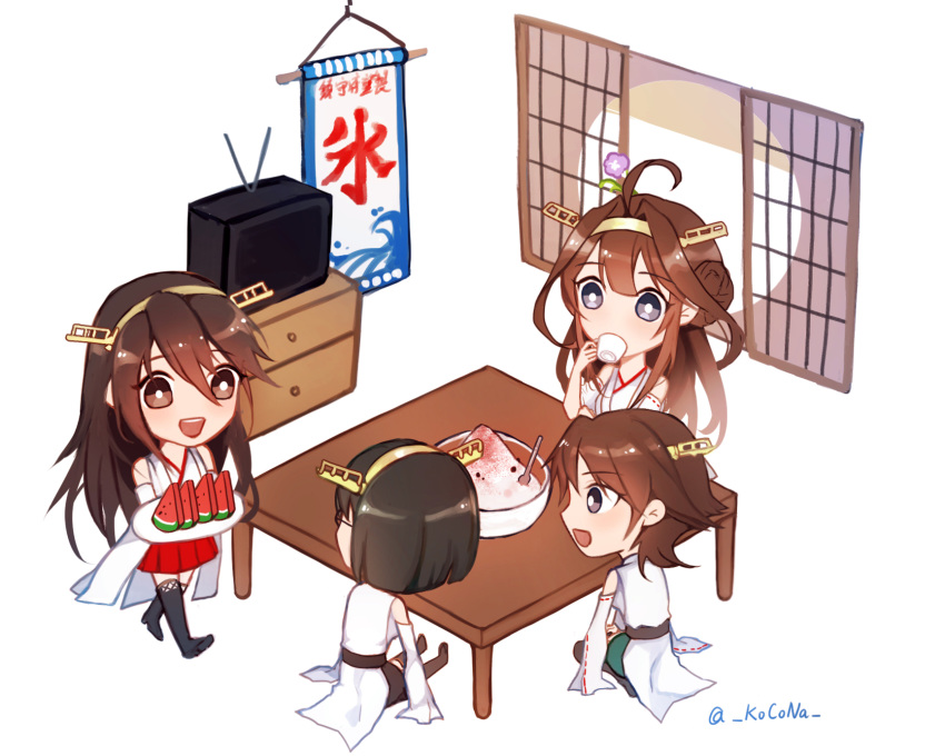 ahoge chest_of_drawers chibi commentary_request cup double_bun food fruit hanging_scroll haruna_(kantai_collection) headgear hiei_(kantai_collection) highres ice_cream kantai_collection kirishima_(kantai_collection) kocona kongou_(kantai_collection) multiple_girls nontraditional_miko open_mouth remodel_(kantai_collection) scroll sliding_doors table teacup television twitter_username watermelon