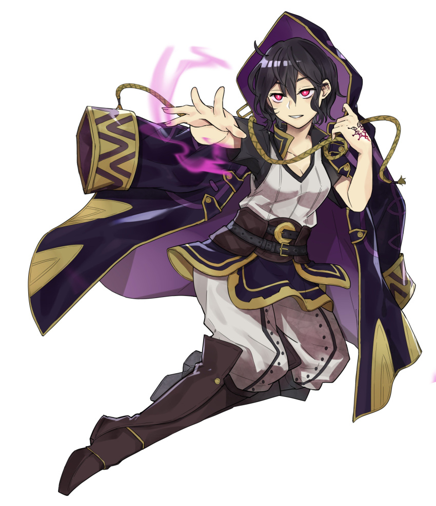absurdres belt black_hair boots commentary commission ebinku fire_emblem fire_emblem:_kakusei gimurei highres hood hood_up knee_boots mark_(female)_(fire_emblem) mark_(fire_emblem) open_clothes open_robe parted_lips red_eyes robe short_hair short_sleeves simple_background solo white_background
