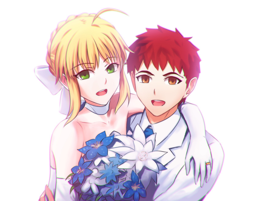 1girl :d ahoge arm_around_neck artoria_pendragon_(all) blue_neckwear bow brown_eyes choker couple dress elbow_gloves emiya_shirou eyebrows_visible_through_hair fate/stay_night fate_(series) fateline_alpha formal gloves green_eyes hair_bow jacket jewelry looking_at_viewer necktie open_mouth red_hair ribbon ribbon_choker ring saber sidelocks simple_background smile spiked_hair strapless strapless_dress tied_hair wedding_dress wedding_ring white_background white_bow white_dress white_gloves white_jacket white_ribbon