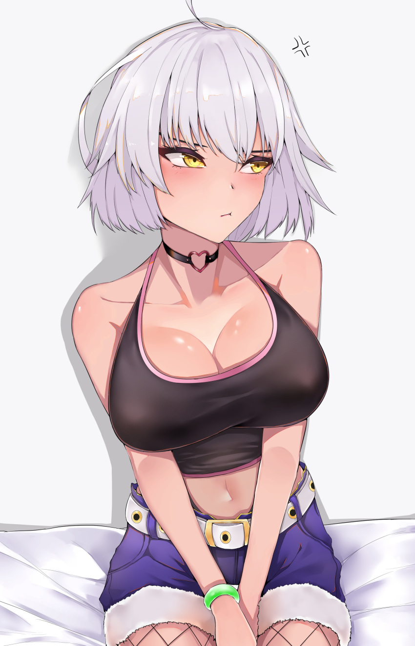 absurdres anger_vein bangs bare_shoulders bed belt blue_background blush bracelet breasts choker cleavage closed_mouth crop_top cutoffs fate/grand_order fate_(series) fishnet_pantyhose fishnets flush hair_between_eyes highres jeanne_d'arc_(alter)_(fate) jeanne_d'arc_(fate)_(all) jewelry large_breasts mutsu_ane_daisuki navel on_bed pantyhose short_hair silver_hair simple_background sitting sitting_on_bed solo yellow_eyes