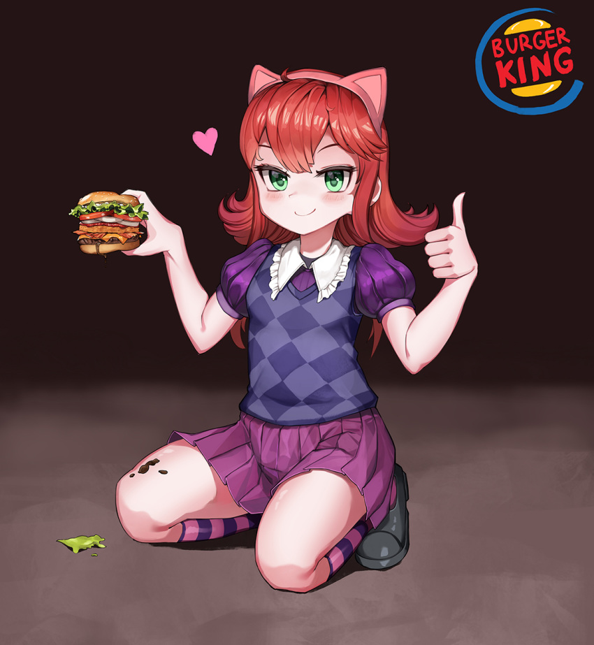 ahoge animal_ears annie_hastur blush burger_king checkered child coffeearty commentary english_commentary fake_animal_ears food green_eyes hairband half-closed_eyes hamburger heart highres kneeling league_of_legends looking_at_viewer medium_hair pleated_skirt puffy_short_sleeves puffy_sleeves red_eyes shoes short_sleeves skirt smile socks solo striped striped_legwear thumbs_up