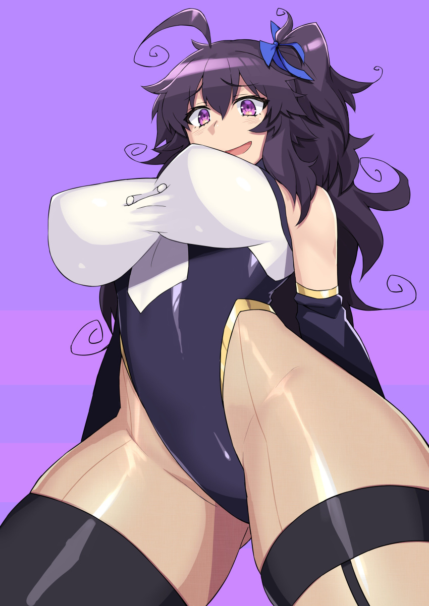 absurdres ahoge blush bnc_(bunshi) borrowed_character breasts commentary from_below highres large_breasts long_hair looking_at_viewer looking_down messy_hair nyarla_(osiimi) open_mouth original purple_eyes purple_hair smile solo thighs