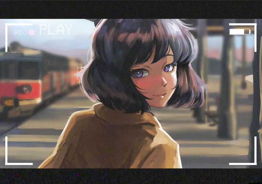 blue_eyes brown_shirt closed_mouth commentary english_commentary ground_vehicle looking_at_viewer original outdoors shirt short_hair solo sunlight train train_station upper_body