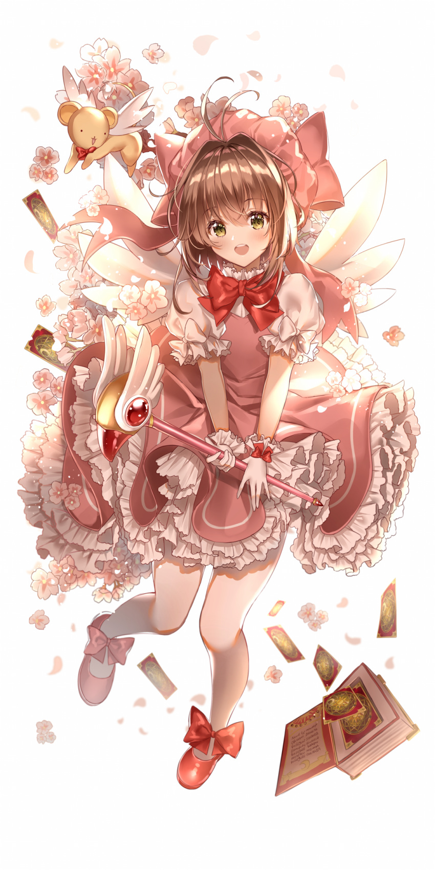 :d antenna_hair blush book bow bowtie brown_hair card cardcaptor_sakura clow_card dress eyebrows_visible_through_hair frilled_dress frills full_body fuuin_no_tsue gloves green_eyes hair_between_eyes highres holding holding_staff kero kinomoto_sakura layered_dress lium long_hair looking_at_viewer open_book open_mouth pink_dress pumps red_bow red_footwear shiny shiny_hair short_sleeves simple_background smile staff white_background white_gloves