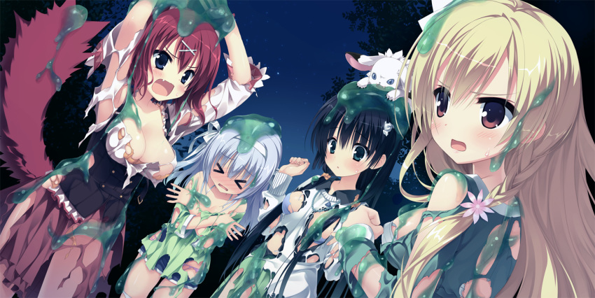 amagiri_yune amairo_islenauts animal_ears black_hair blonde_hair blue_hair blush bra fang game_cg kobuichi masaki_gaillard muririn night panties red_hair shiraga_airi shirley_warwick sky stars tail torn_clothes underwear white_hair yuzusoft