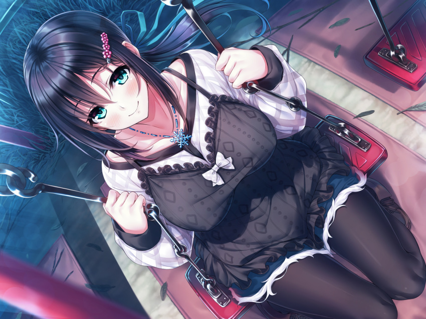 bangs black_dress black_hair black_legwear blue_ribbon blue_shorts blush bow breasts closed_mouth collarbone commentary_request dress dutch_angle eyebrows_visible_through_hair from_above fur-trimmed_shorts green_eyes hair_between_eyes hair_ornament hair_ribbon hairclip hasumi_(hasubatake39) highres holding large_breasts leaf long_hair long_sleeves looking_at_viewer looking_up necktie original outdoors pantyhose puffy_long_sleeves puffy_sleeves ribbon shirt short_shorts shorts sitting sleeveless sleeveless_dress smile solo swing very_long_hair white_bow white_shirt