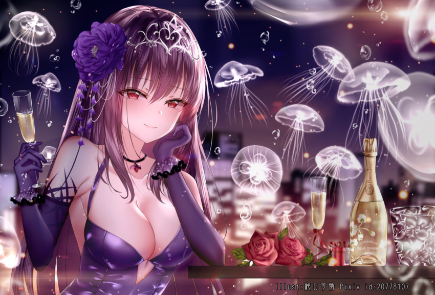 alcohol animal arm_support bangs bare_shoulders blurry blurry_background bow box breasts champagne champagne_bottle champagne_flute cityscape cleavage closed_mouth collarbone commentary cup depth_of_field detached_sleeves dress drinking_glass eyebrows_visible_through_hair fate/grand_order fate_(series) flower gift gift_box gloves hair_between_eyes hair_flower hair_ornament hands_up highres holding holding_cup jellyfish junpaku_karen large_breasts long_hair long_sleeves night night_sky pixiv_id purple_dress purple_flower purple_gloves purple_hair red_bow red_eyes red_flower red_ribbon red_rose ribbon rose scathach_(fate)_(all) scathach_(fate/grand_order) sky sleeveless sleeveless_dress smile solo symbol_commentary tiara transparent very_long_hair