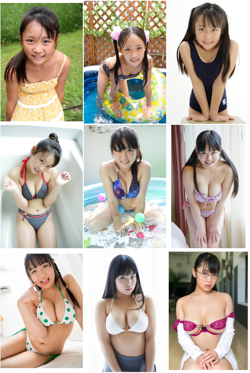 1girl age_progression asian bikini black_eyes black_hair breasts child cleavage collage highres large_breasts looking_at_viewer photo swimsuit tagme