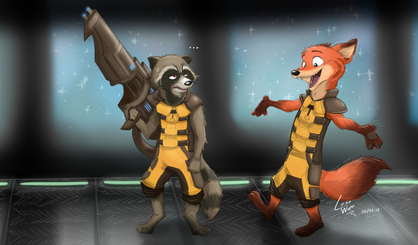 ... 2016 anthro canine cosplay crossover detailed_background disney duo embarrassed fangs fox guardians_of_the_galaxy gun half-closed_eyes happy hi_res lobowupp male mammal marvel nick_wilde procyonid raccoon ranged_weapon rocket_raccoon signature space spacecraft star sweat teeth vehicle weapon whiskers zootopia