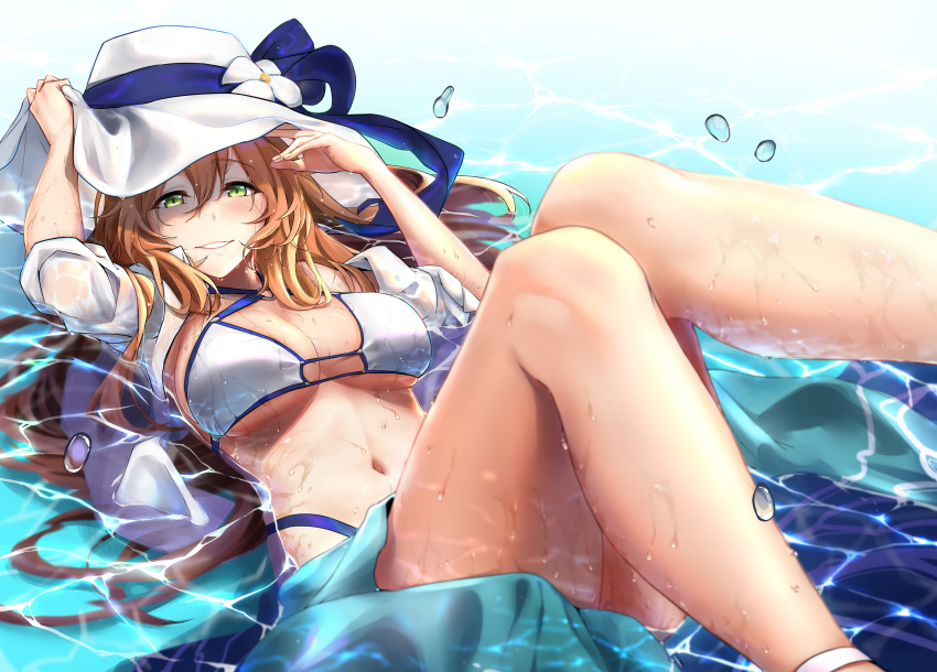 alternate_costume arm_up bangs bare_legs bikini blue_ribbon blush breasts brown_hair cleavage collarbone commentary_request day eyebrows_visible_through_hair flower foot_up girls_frontline green_eyes groin hair_between_eyes hair_ribbon hair_rings hand_on_headwear hat hat_flower hat_ribbon highres knees_together_feet_apart knees_up large_breasts long_hair looking_at_viewer lying m1903_springfield_(girls_frontline) navel o-ring o-ring_top ocean on_back open_clothes open_shirt outdoors parted_lips partially_submerged ribbon ripples rshow sarong see-through shirt sidelocks skindentation smile solo stomach sun_hat swimsuit thighs wet white_bikini white_shirt