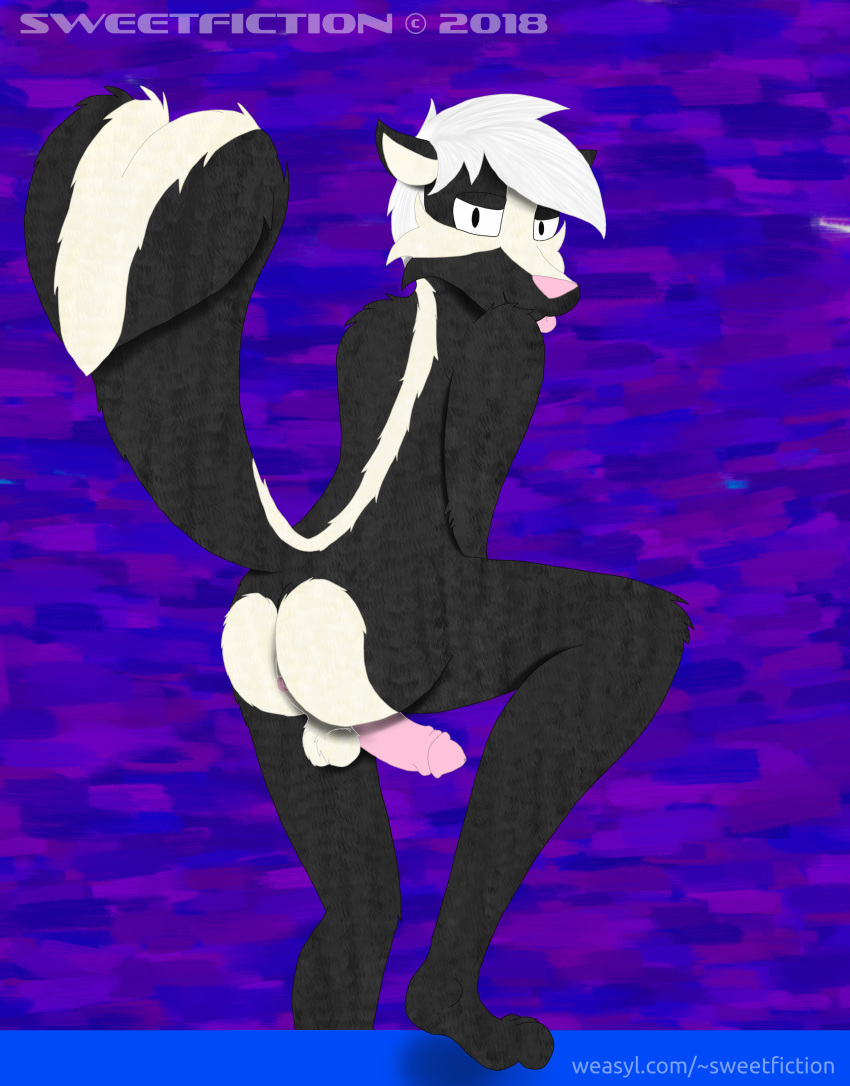 2018 absurd_res anthro anus backsack balls black_fur blep butt byron_skunk crouching cute erection feet foreskin fur fuzzy_balls hair hi_res humanoid_penis looking_at_viewer male mammal mephitid multicolored_fur nude penis presenting presenting_hindquarters purple_background raised_tail simple_background skunk solo sweetfiction teasing toes tongue tongue_out two_tone_fur uncut voyeur white_fur white_hair