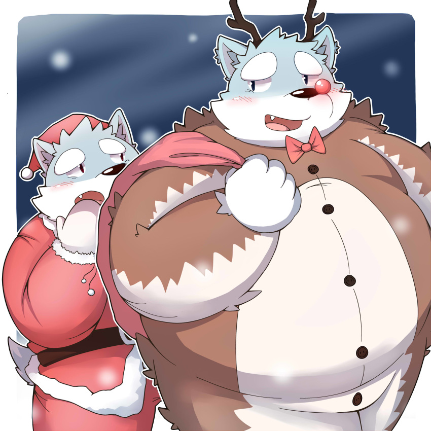 2016 anthro belly blue_fur blush canine christmas clothed clothing duo fur gloves hat holidays humanoid_hands male mammal night overweight overweight_male park_kr santa_claus snow winter