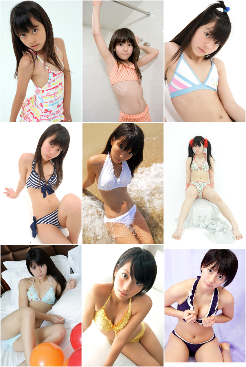 1girl age_progression asian bikini black_eyes black_hair breasts child cleavage collage highres looking_at_viewer photo swimsuit tagme