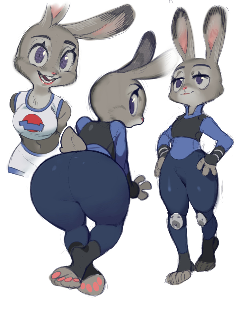 2018 anthro basketball big_butt breasts butt clothed clothing cosplay disney female fur hi_res judy_hopps lagomorph looking_at_viewer looking_back mammal multiple_poses open_mouth paws pose purple_eyes rabbit shirt shorts simple_background smile solo talez01 tank_top teeth thick_thighs toes voluptuous white_background wide_hips zootopia