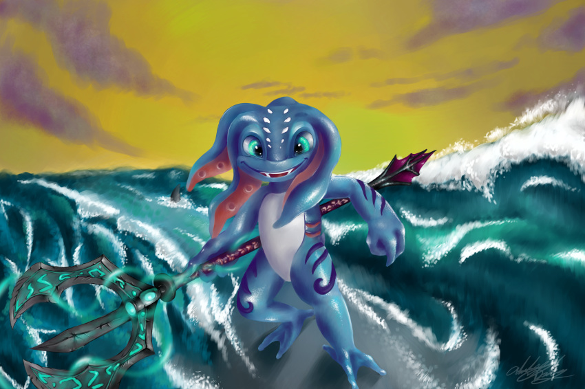 2018 3_fingers 3_toes anthro blue_scales blue_skin digital_drawing_(artwork) digital_media_(artwork) dragondrem fangs featureless_crotch fin fish fizz_(lol) front_view gills hi_res holding_object league_of_legends looking_at_viewer male marine markings melee_weapon multicolored_scales multicolored_skin nude open_mouth outside polearm riot_games scales sea shaded sharp_teeth short_tail signature sky smile solo standing teeth tentacle_hair tentacles toes trident two_tone_skin video_games water wave weapon web_feet white_scales white_skin