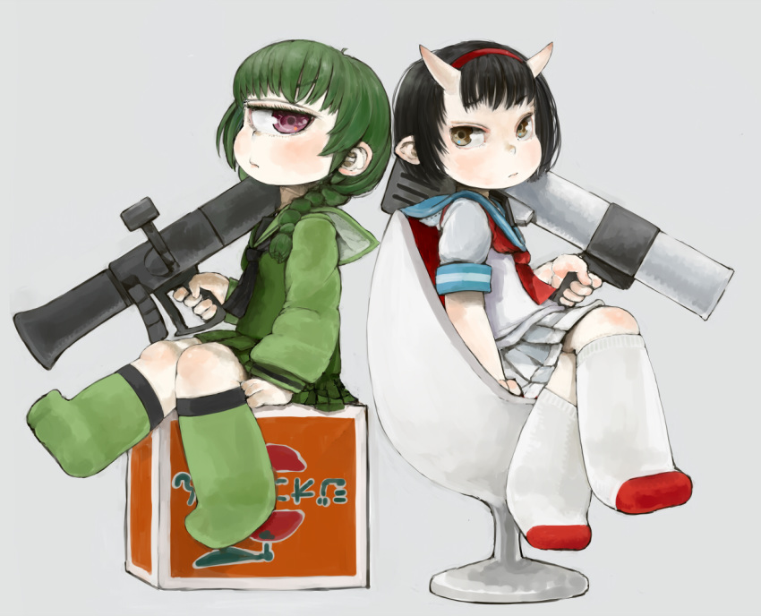 bazooka black_hair black_neckwear blue_sailor_collar character_request closed_mouth commentary_request cyclops ebimomo eyebrows_visible_through_hair finger_on_trigger from_side green_hair green_legwear green_sailor_collar green_shirt green_skirt grey_background gun gundam hairband holding holding_gun holding_weapon horns long_sleeves looking_at_viewer looking_to_the_side mecha_musume multiple_girls neckerchief one-eyed personification pleated_skirt red_eyes rx-78-2 sailor_collar school_uniform serafuku shirt short_hair short_sleeves simple_background sitting skirt socks weapon white_legwear white_shirt white_skirt zaku_ii