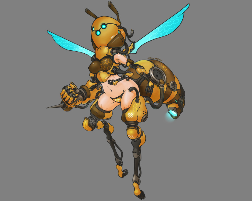 1girl absurdres amputee antennae cyborg dated female flying grey_background highres insect_girl mask monster_girl muhut navel original prosthesis quadruple_amputee scar signature solo wings