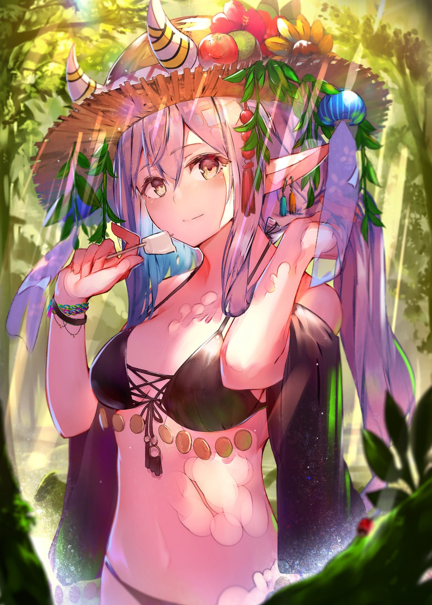 bangs bare_shoulders bikini black_bikini blush breasts brown_eyes closed_mouth commentary_request dappled_sunlight day earrings enj! eyebrows_visible_through_hair flower food forest hair_between_eyes hands_up hat hat_flower head_tilt highres holding holding_food horns jewelry light_smile long_hair nature navel original outdoors pointy_ears popsicle red_flower silver_hair small_breasts solo standing straw_hat sunlight swimsuit tree twintails very_long_hair wind wind_lift yellow_flower