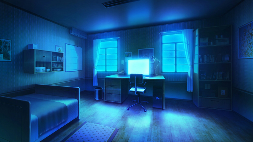 bed blue book bookshelf carpet chair computer curtains desk_lamp highres indoors lamp monitor neon_lights night no_humans original painting_(object) rkmlady shelf trash_can window
