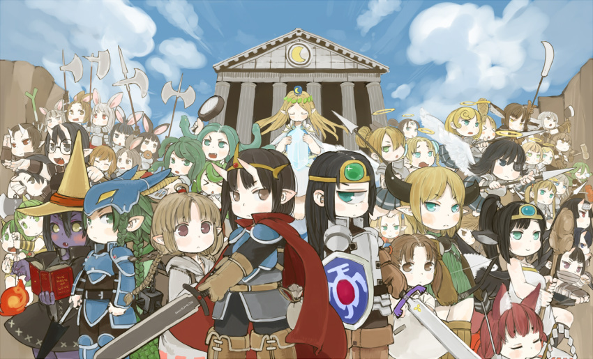 &gt;_&lt; :d angel animal_ears armor bird_ears black_dress black_hair black_sclera blue_eyes blue_sky blush book bracer braid brown_footwear brown_gloves brown_hair bunny_ears cape circlet closed_eyes closed_mouth cloud cloudy_sky commentary_request crystal cyclops day doughnut dress eating ebimomo eyepatch fang fighting_stance flying food fox_ears full_armor glaive glasses glint gloves gorgon green_eyes green_hair halo hat helmet holding holding_shield holding_sword holding_weapon horns lance light_brown_hair long_hair looking_at_viewer master_sword mirror monster_girl multiple_girls ninja one-eyed one_eye_covered oni open_mouth original outdoors parted_lips parthenon pointing pointy_ears polearm purple_skin red_cape red_eyes red_hair round_eyewear shield shoulder_pads sky smile snake snake_hair standing sword twintails v-shaped_eyebrows weapon wings witch_hat yellow_eyes