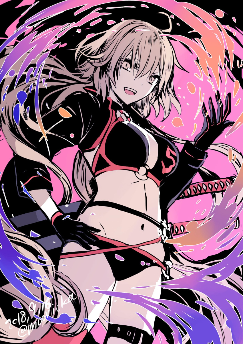 ahoge bangs bikini black_bikini black_choker black_gloves black_jacket breasts choker cleavage collarbone commentary_request cropped_jacket fate/grand_order fate_(series) gloves hair_between_eyes highres jacket jeanne_d'arc_(alter_swimsuit_berserker) jeanne_d'arc_(fate)_(all) katana large_breasts long_hair looking_at_viewer multicolored multicolored_background navel o-ring o-ring_bikini o-ring_bottom o-ring_top open_mouth red_legwear rioka_(southern_blue_sky) shrug_(clothing) silver_hair single_thighhigh solo swimsuit sword thigh_strap thighhighs twitter_username weapon yellow_eyes