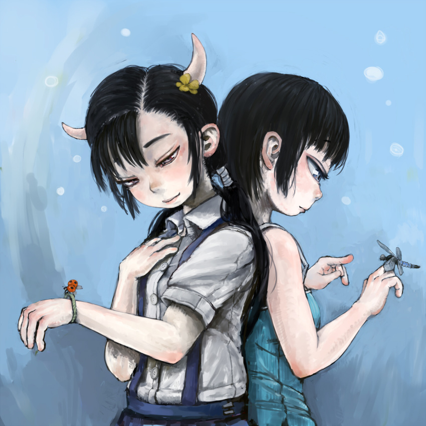 back-to-back bare_arms bare_shoulders black_hair blue_background blue_dress bug closed_mouth collared_shirt commentary_request cyclops dragonfly dress dress_shirt ebimomo flower hair_flower hair_ornament hand_on_own_chest hand_up highres horns insect insect_on_finger ladybug low_twintails multiple_girls one-eyed original purple_eyes shirt short_sleeves skirt smile suspender_skirt suspenders twintails white_shirt wing_collar yellow_flower