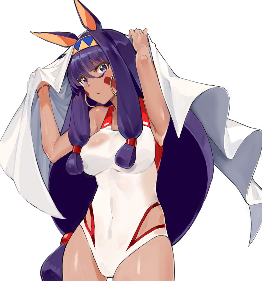 animal_ears bangs bare_shoulders bed_sheet breasts competition_swimsuit covered_navel cowboy_shot dark_skin earrings facial_mark fate/grand_order fate_(series) frown hair_between_eyes hair_rings hairband highres hoop_earrings jewelry large_breasts long_hair looking_at_viewer low-tied_long_hair nitocris_(fate/grand_order) nitocris_(swimsuit_assassin)_(fate) one-piece_swimsuit purple_eyes purple_hair see-through shiny shiny_hair side_cutout simple_background solo swimsuit tuxedo_de_cat very_long_hair white_background white_swimsuit