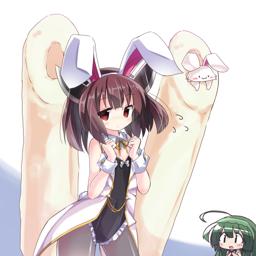 animal animal_ears bangs bare_shoulders black_leotard blush brown_hair brown_legwear bunny bunny_ears bunny_girl bunnysuit chibi closed_mouth commentary_request detached_collar dress eyebrows_visible_through_hair flying_sweatdrops green_hair hair_between_eyes hairband hands_up headgear highres jacket leotard long_hair multiple_girls neck_ribbon pantyhose red_eyes ribbon ryogo shirt short_sleeves sleeveless_jacket smile solo_focus standing strapless strapless_dress touhoku_kiritan touhoku_zunko voiceroid white_collar white_hairband white_jacket white_shirt wing_collar wrist_cuffs yellow_ribbon